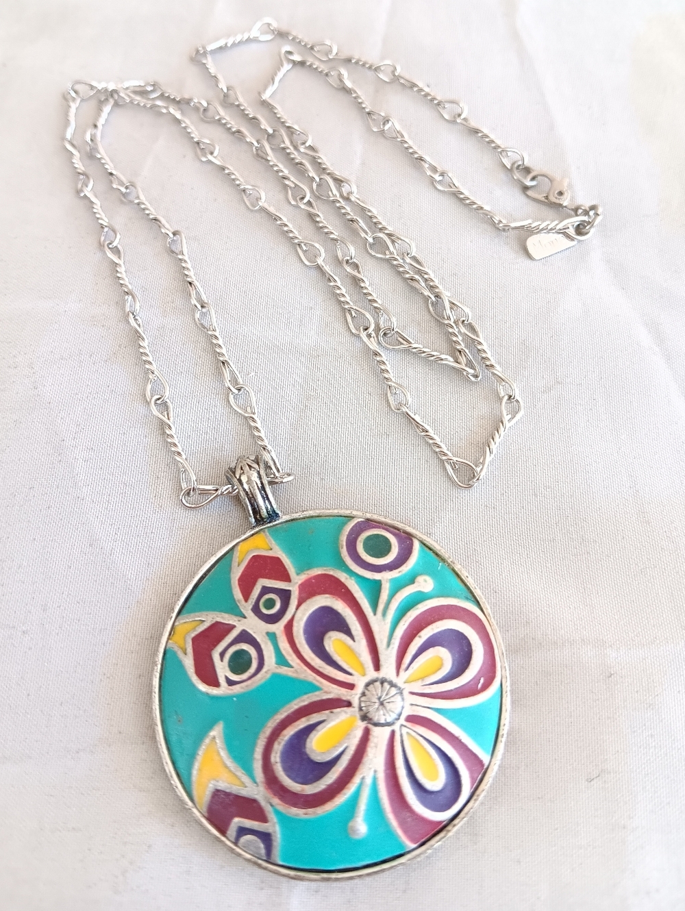 Turquoise Floral Enamel Pendant Necklace 22" - Women Jewelry